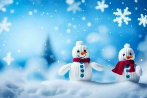 two snowmen are standing in the snow. AI-Generated photo