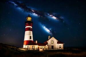 the milky way over the lighthouse. AI-Generated photo