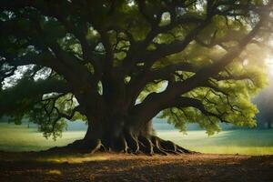 el Dom brilla mediante el árbol maletero de un antiguo roble árbol. generado por ai foto