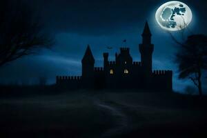 a castle in the dark with a full moon. AI-Generated photo