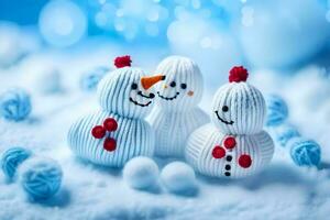 three snowmen are sitting on a blue background. AI-Generated photo