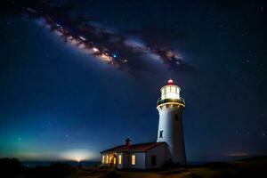 un faro con estrellas en el cielo y un lechoso forma. generado por ai foto