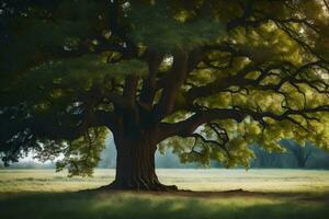 un roble árbol en un campo con verde césped. generado por ai foto