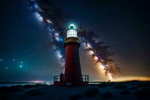 a lighthouse is lit up by the milky way. AI-Generated photo