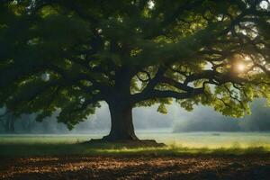 el Dom brilla mediante el hojas de un roble árbol. generado por ai foto