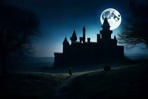 a castle in the night with a full moon. AI-Generated photo