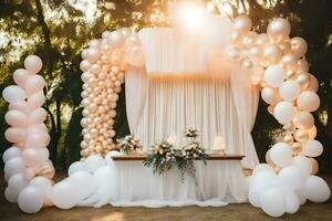 a wedding arch with white balloons and flowers. AI-Generated photo