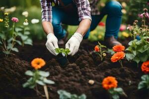 a man is planting flowers in the garden. AI-Generated photo