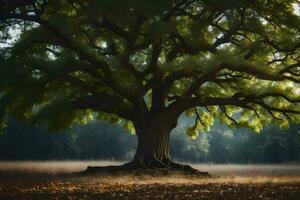 un roble árbol en el medio de un campo. generado por ai foto