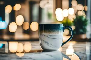 a coffee cup sitting on a table in front of a window. AI-Generated photo