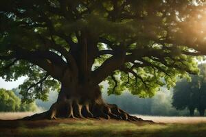 the sun shines through the tree trunk of an old oak tree. AI-Generated photo