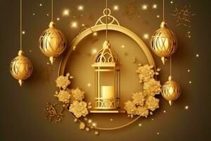 Eid mubarak and ramadan kareem greetings with islamic lantern and mosque. Eid al fitr background. Eid al fitr background of window concept by AI Generated photo