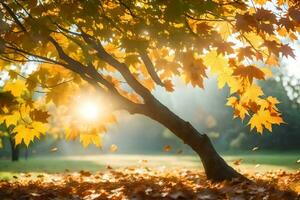 autumn leaves on the ground in front of a tree. AI-Generated photo