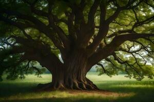 un antiguo roble árbol en un campo con verde césped. generado por ai foto