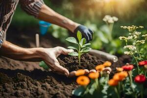 a man is planting a plant in the garden. AI-Generated photo