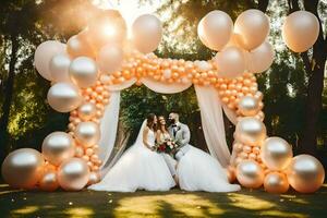 a bride and groom pose under a balloon arch. AI-Generated photo