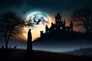 halloween castle with bats and moon in the background. AI-Generated photo