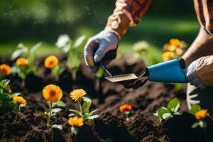 un persona es utilizando un jardín herramienta a planta flores generado por ai foto