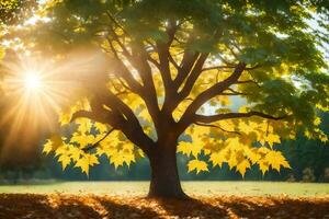 the sun shines through the leaves of a tree. AI-Generated photo