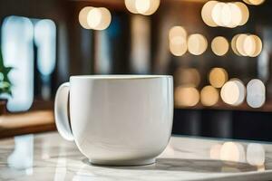 a white coffee cup sitting on a table in front of a bar. AI-Generated photo