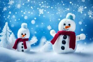 two snowmen are standing in the snow. AI-Generated photo