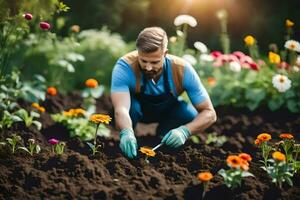 a man is kneeling in the dirt with a flower in his hand. AI-Generated photo