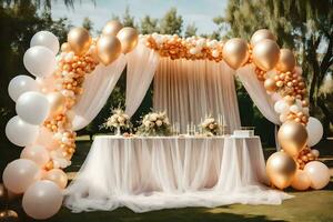 a wedding arch with balloons and white tulle. AI-Generated photo