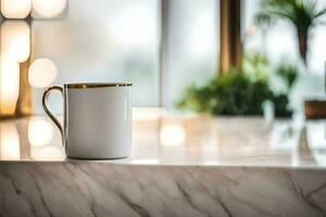 a white coffee cup sitting on a marble counter. AI-Generated photo