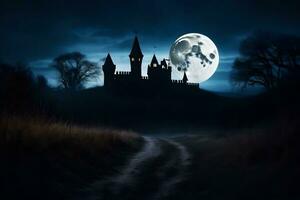 a castle in the dark with a full moon. AI-Generated photo