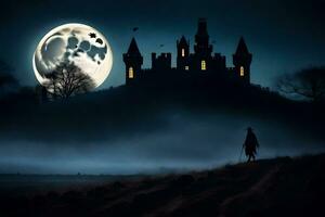 a man walking in front of a castle in the dark. AI-Generated photo