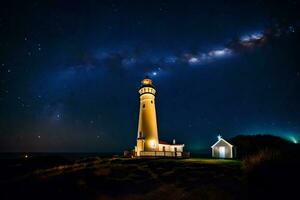 the milky way shines brightly over a lighthouse at night. AI-Generated photo