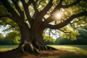 the sun shines through the trunk of a large tree. AI-Generated photo