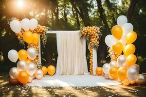 a wedding ceremony with white and gold balloons. AI-Generated photo
