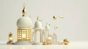 Eid mubarak and ramadan kareem greetings with islamic lantern and mosque. Eid al fitr background. Eid al fitr background of window concept by AI Generated photo