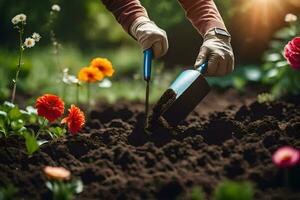 a person is digging in the soil with a shovel. AI-Generated photo