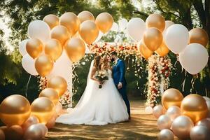 Boda Pareja debajo un dorado y blanco globo arco. generado por ai foto