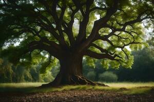 un grande árbol es mostrado en el medio de un campo. generado por ai foto