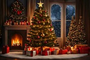 christmas tree and presents in front of fireplace. AI-Generated photo