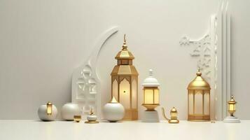 Eid mubarak and ramadan kareem greetings with islamic lantern and mosque. Eid al fitr background. Eid al fitr background of window concept by AI Generated photo