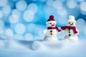 two snowmen are standing in the snow. AI-Generated photo