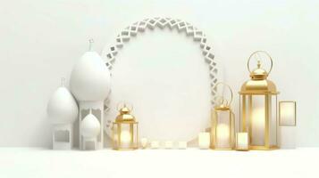 Eid mubarak and ramadan kareem greetings with islamic lantern and mosque. Eid al fitr background. Eid al fitr background of window concept by AI Generated photo