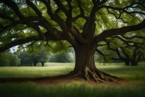 a large tree in a field with green grass. AI-Generated photo