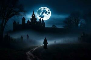 a person walking in the dark at night with a castle in the background. AI-Generated photo