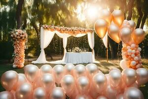 a wedding ceremony with pink balloons and white flowers. AI-Generated photo
