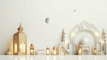 Eid mubarak and ramadan kareem greetings with islamic lantern and mosque. Eid al fitr background. Eid al fitr background of window concept by AI Generated photo