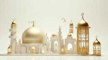 Eid mubarak and ramadan kareem greetings with islamic lantern and mosque. Eid al fitr background. Eid al fitr background of window concept by AI Generated photo