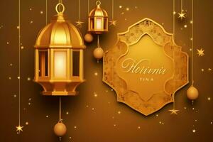 Eid mubarak and ramadan kareem greetings with islamic lantern and mosque. Eid al fitr background. Eid al fitr background of window concept by AI Generated photo