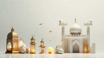 Eid mubarak and ramadan kareem greetings with islamic lantern and mosque. Eid al fitr background. Eid al fitr background of window concept by AI Generated photo