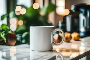 a white coffee mug on a counter in front of a window. AI-Generated photo