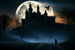 halloween castle with bats flying over it at night. AI-Generated photo